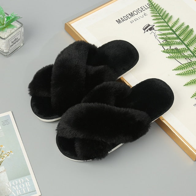 New Winter Faux Fur Indoor Slippers Rabbit Plush Cross-strap Cotton Sandalias Women Flats Sandales Female Shose