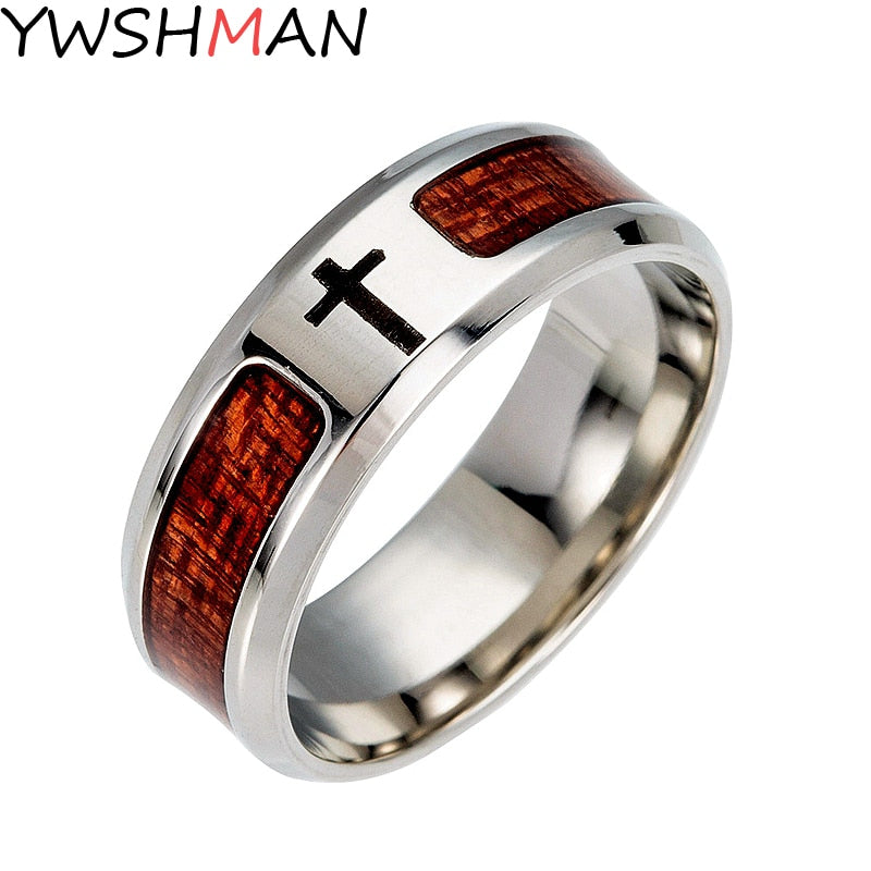 Wooden Christian Jesus Titanium Steel Man's Ring 8mm Wide Engraved Jesus