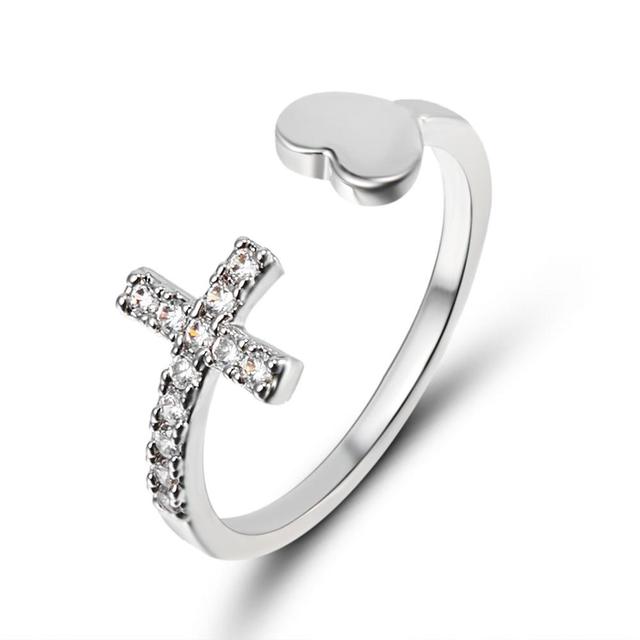 Rhinestone Cross Heart Ring Adjustable Silver Color Alloy Opening Rings For Women Fashion Jewelry Gift custom handmade design