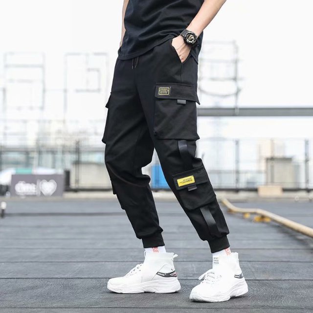 Mens Side Pockets Cargo Harem Pants Ribbons Black Hip Hop Casual Male Joggers Trousers Fashion Casual Streetwear Pants