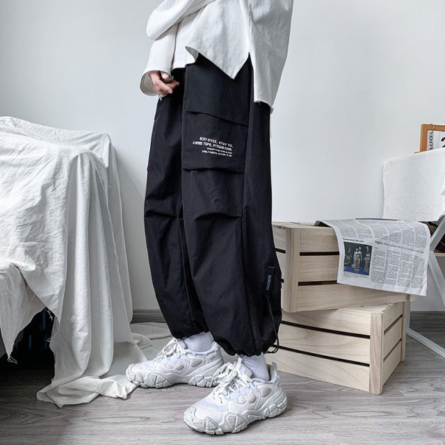 Mens Side Pockets Cargo Harem Pants Ribbons Black Hip Hop Casual Male Joggers Trousers Fashion Casual Streetwear Pants