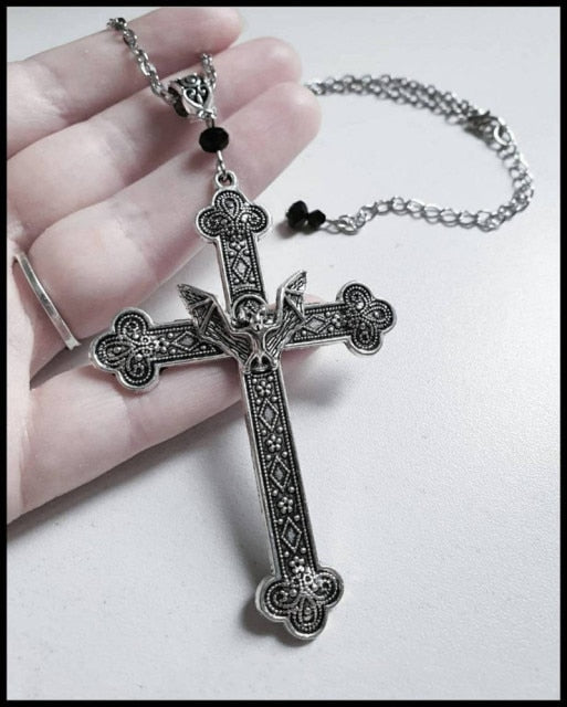 Gothic Antique Silver Color Filigree Vampire Bat Cross Necklace Vintage Religious Christian Faith Collar for Women Gift Jewelry custom handmade