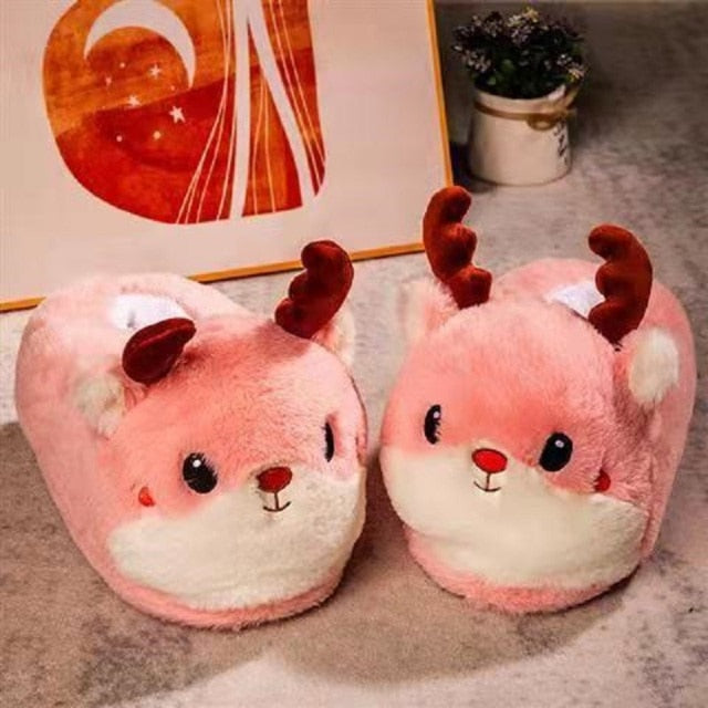 Women deer Plush Slippers Funny Animal Home Slides Soft Cartoon Alpaca Slippers Couple Indoor Slides Warm Cotton Shoes Non-Slip Shoes