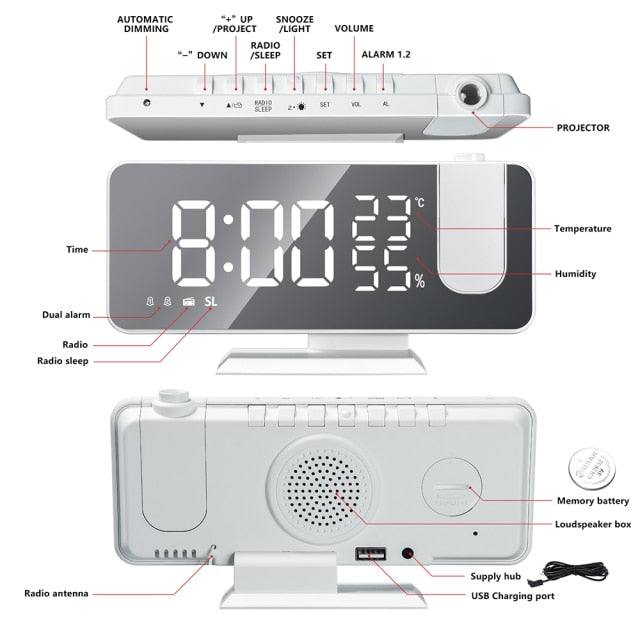 FM Radio LED Digital Smart Alarm Clock Watch Table Electronic Desktop Clocks USB Wake Up Clock with 180° Time Projector Snooze