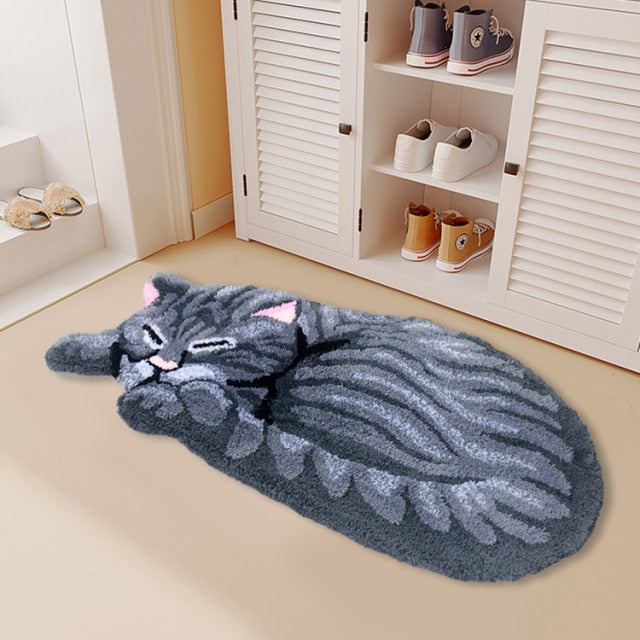 Sleeping Cat Floor Mat Rugs Cat Shaped Bedroom Area Rug Tabby Cat Carpet Anti-Slip Brown Grey Entrance Doormat