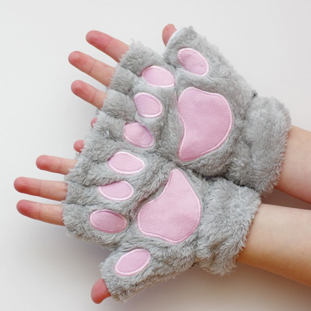 1Pair Women Girl Lovely Bear Plush Cat Paw Claw Gloves Winter Faux Fur Cute Kitten Fingerless Mittens Christmas Halloween Gloves