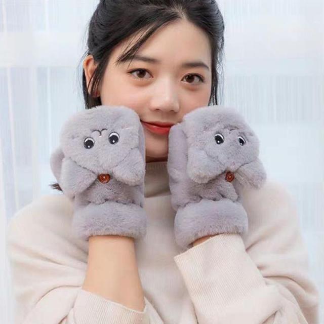 Winter Fur Rabbit Cat Furry Half-finger Gloves Mittens Fingerless Gloves Women Girls Plush Warm Gloves Soft Touch Screen Mittens