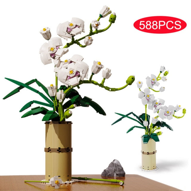 Orchid Phalaenopsis Flowers Bouquets Plants Building Blocks with Vase Home Decoration Model Bricks