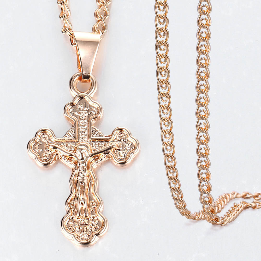 Cross Crucifix Clear Crystal Pendant Necklace for Men Women 585 Rose Gold Prayer Jesus Snail Link Chain Jewelry custom handmade