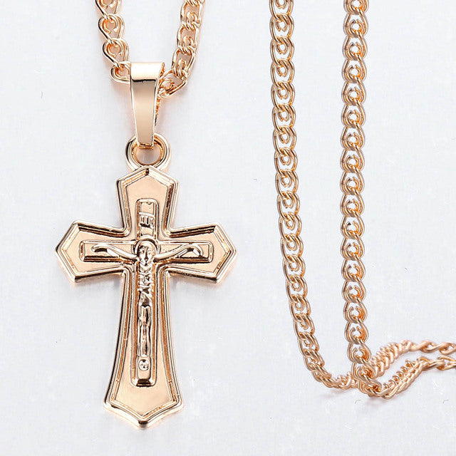 Cross Crucifix Clear Crystal Pendant Necklace for Men Women 585 Rose Gold Prayer Jesus Snail Link Chain Jewelry custom handmade