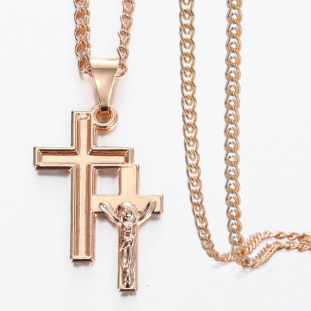 Cross Crucifix Clear Crystal Pendant Necklace for Men Women 585 Rose Gold Prayer Jesus Snail Link Chain Jewelry custom handmade
