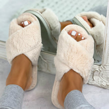 Load image into Gallery viewer, Women Fashion Warm Fluffy Slippers Cozy Faux Fur Cross Indoor Floor Slides Flat Soft Furry Ladies Female Celebrities Flip Flops
