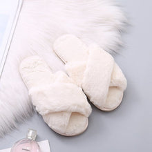 Load image into Gallery viewer, Women Fashion Warm Fluffy Slippers Cozy Faux Fur Cross Indoor Floor Slides Flat Soft Furry Ladies Female Celebrities Flip Flops
