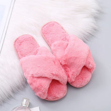 Load image into Gallery viewer, Women Fashion Warm Fluffy Slippers Cozy Faux Fur Cross Indoor Floor Slides Flat Soft Furry Ladies Female Celebrities Flip Flops
