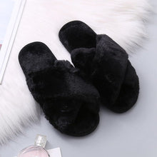 Load image into Gallery viewer, Women Fashion Warm Fluffy Slippers Cozy Faux Fur Cross Indoor Floor Slides Flat Soft Furry Ladies Female Celebrities Flip Flops
