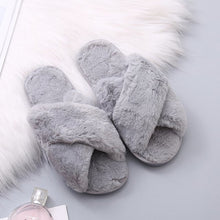 Load image into Gallery viewer, Women Fashion Warm Fluffy Slippers Cozy Faux Fur Cross Indoor Floor Slides Flat Soft Furry Ladies Female Celebrities Flip Flops
