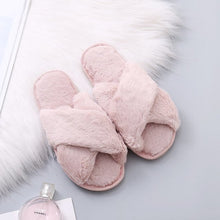 Load image into Gallery viewer, Women Fashion Warm Fluffy Slippers Cozy Faux Fur Cross Indoor Floor Slides Flat Soft Furry Ladies Female Celebrities Flip Flops
