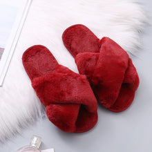 Load image into Gallery viewer, Women Fashion Warm Fluffy Slippers Cozy Faux Fur Cross Indoor Floor Slides Flat Soft Furry Ladies Female Celebrities Flip Flops
