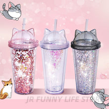 Load image into Gallery viewer, 420ml Cat Ear Water Bottle For Girls with Sequins BPA FREE Double wall Tumbler with straw reusable Smoothie Cup Drinkware
