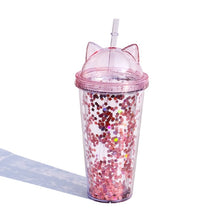 Load image into Gallery viewer, 420ml Cat Ear Water Bottle For Girls with Sequins BPA FREE Double wall Tumbler with straw reusable Smoothie Cup Drinkware
