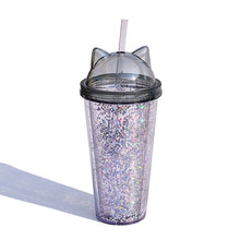 Load image into Gallery viewer, 420ml Cat Ear Water Bottle For Girls with Sequins BPA FREE Double wall Tumbler with straw reusable Smoothie Cup Drinkware
