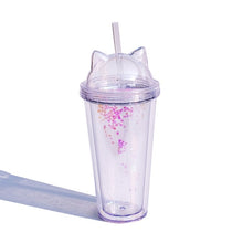 Load image into Gallery viewer, 420ml Cat Ear Water Bottle For Girls with Sequins BPA FREE Double wall Tumbler with straw reusable Smoothie Cup Drinkware
