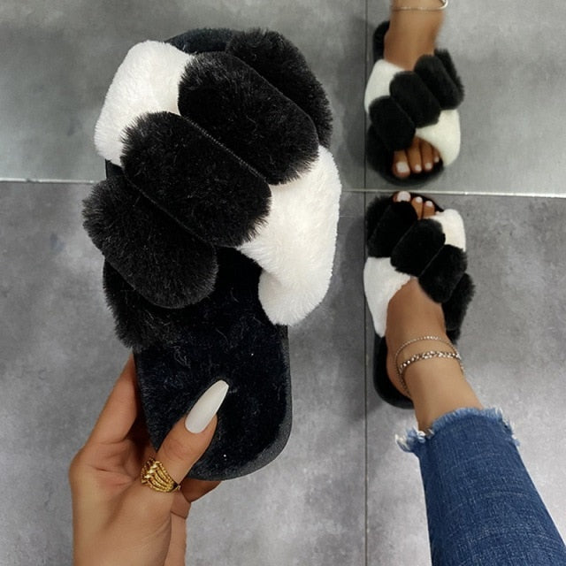 Winter Women Furry Slippers Soft Plush Cross Faux Fur Shoes Indoor Ladies Platform Sandalias Open Toe Fluffy House Slides