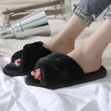 Load image into Gallery viewer, Winter Women Furry Slippers Soft Plush Cross Faux Fur Shoes Indoor Ladies Platform Sandalias Open Toe Fluffy House Slides
