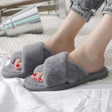 Load image into Gallery viewer, Winter Women Furry Slippers Soft Plush Cross Faux Fur Shoes Indoor Ladies Platform Sandalias Open Toe Fluffy House Slides
