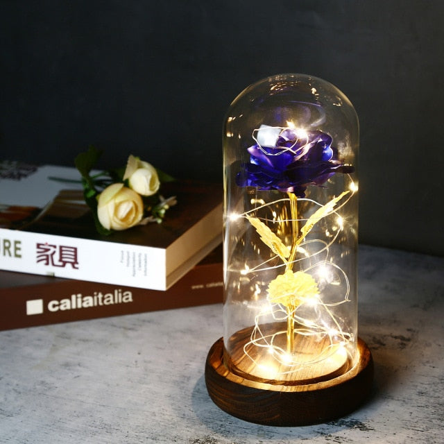 LED Enchanted Galaxy Rose Eternal Gold Foil Flower with Fairy String Lights In Dome