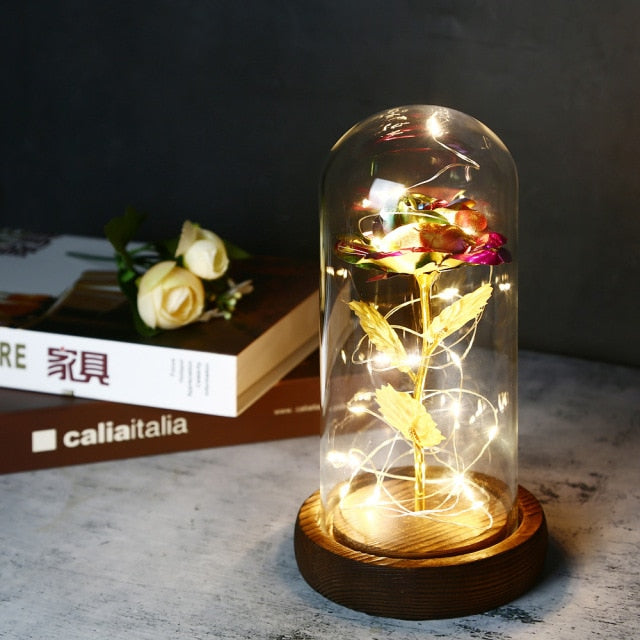 LED Enchanted Galaxy Rose Eternal Gold Foil Flower with Fairy String Lights In Dome