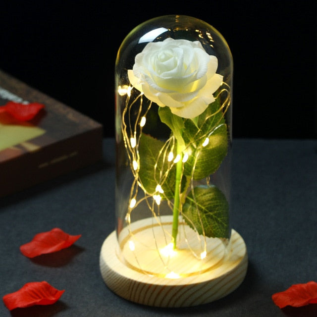 LED Enchanted Galaxy Rose Eternal Gold Foil Flower with Fairy String Lights In Dome for Wedding anniversary