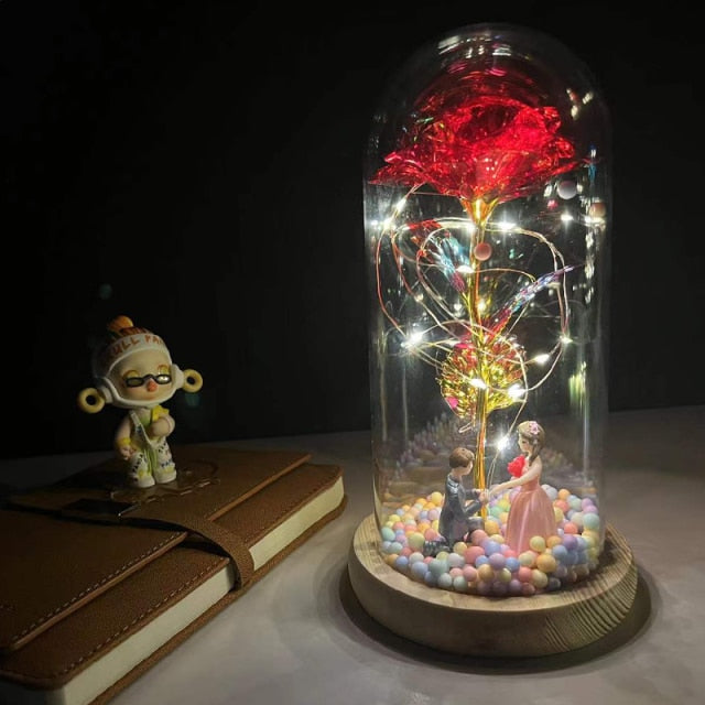 LED Enchanted Galaxy Rose Eternal Gold Foil Flower with Fairy String Lights In Dome