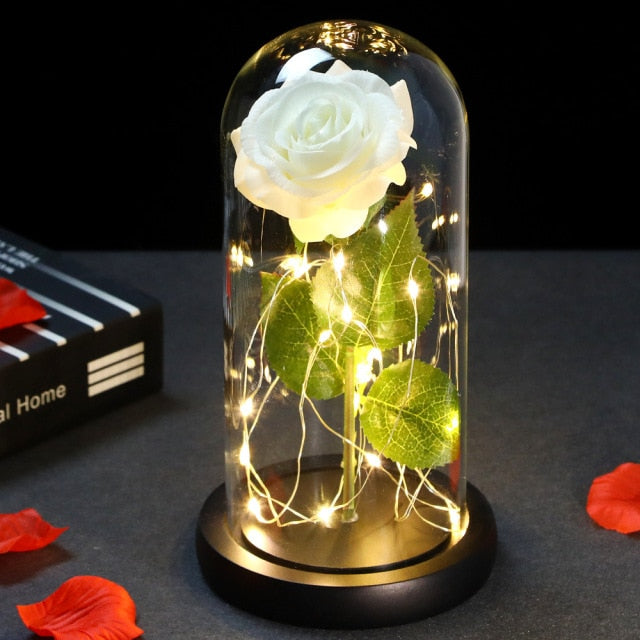 LED Enchanted Galaxy Rose Eternal Gold Foil Flower with Fairy String Lights In Dome for Wedding anniversary