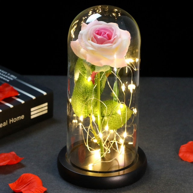 LED Enchanted Galaxy Rose Eternal Gold Foil Flower with Fairy String Lights In Dome for Wedding anniversary