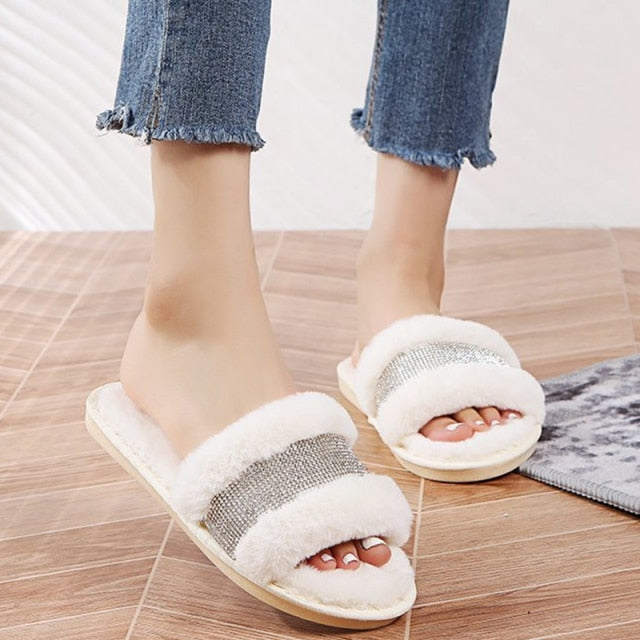 Winter Women House Slippers Faux Fur Fashion Warm Shoes Woman Slip on Flats Female Slides Black Pink cozy home  furry slippers