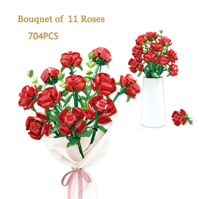 Bouquet DIY Building Blocks Romantic Rose Flower Bonsai Cactus Flower Plant 3D