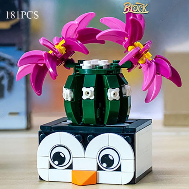 penguin cactus Bouquet DIY Building Blocks Romantic Rose Flower Bonsai Cactus Flower Plant 3D Model Bricks Children's Educational Toy Girl Gift