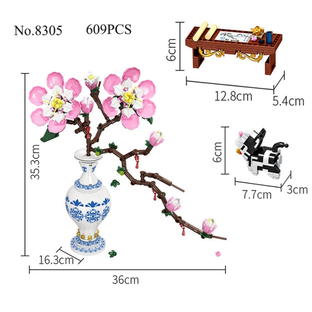 Cherry Blossom japanese Bouquet DIY Building Blocks Romantic Rose Flower Bonsai Cactus Flower Plant 3D Model Bricks