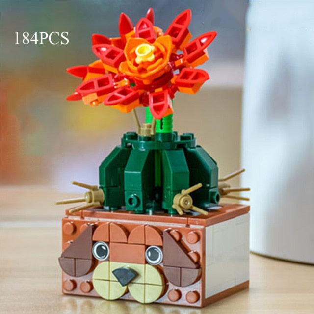 Dog Puppy Bouquet DIY Building Blocks Romantic Rose Flower Bonsai Cactus Flower Plant 3D Model Bricks Children