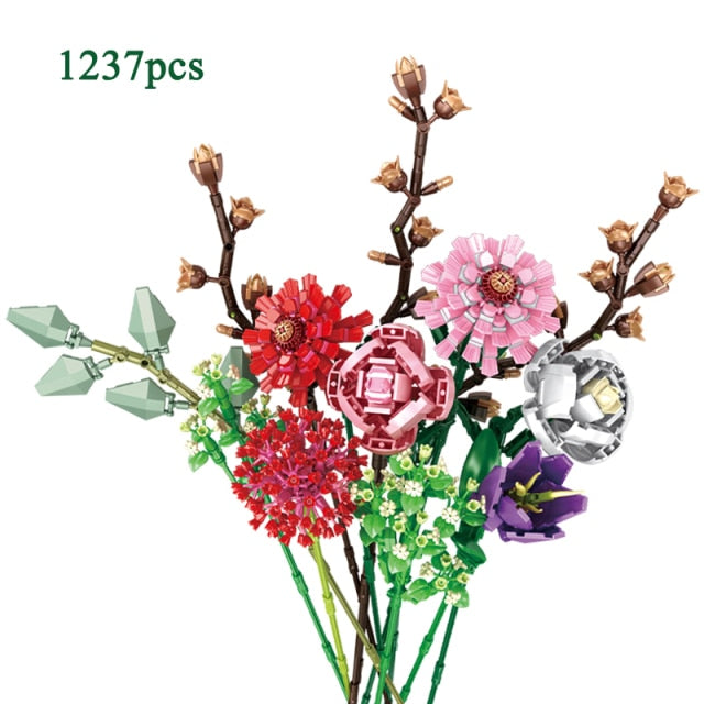 Bouquet DIY Building Blocks Romantic Rose Flower Bonsai Cactus Flower Plant 3D