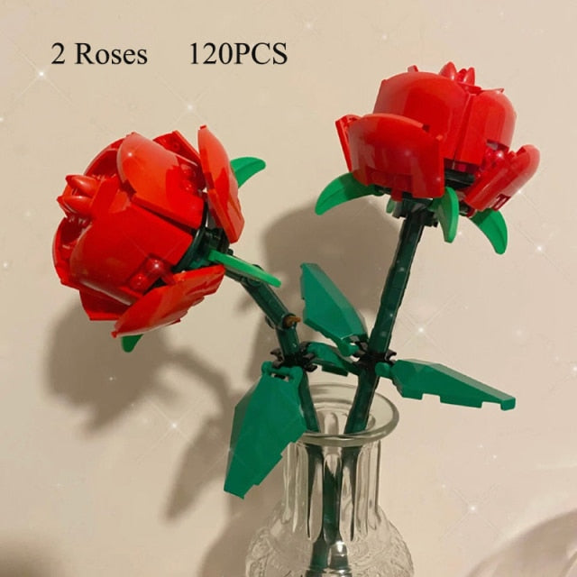 Bouquet DIY Building Blocks Romantic Rose Flower Bonsai Cactus Flower Plant 3D