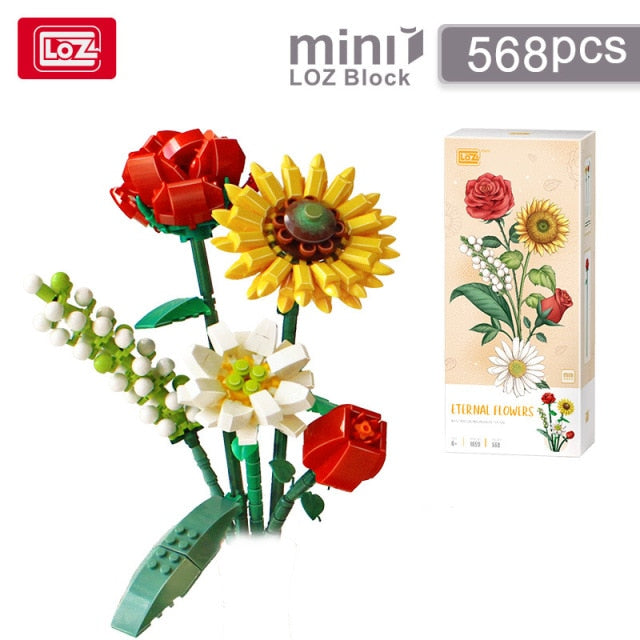 Rose Sunflower Daisy Bouquet DIY Building Blocks Romantic Rose Flower Bonsai Cactus Flower Plant