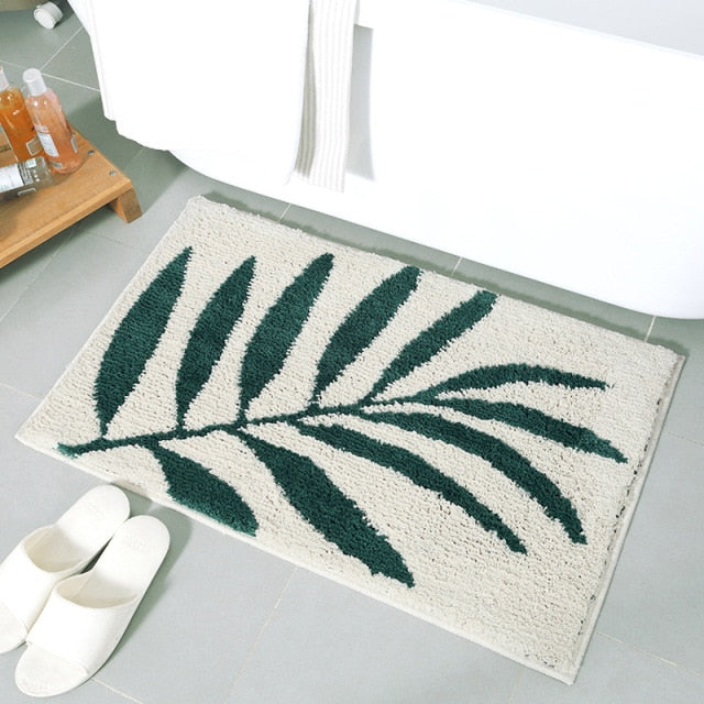 Plant Floral Green Leaves Flocking Bath Mat Non-slip Absorbent Microfiber Bathroom Rug Home Entrance Door Mat Super Soft Bath Carpet