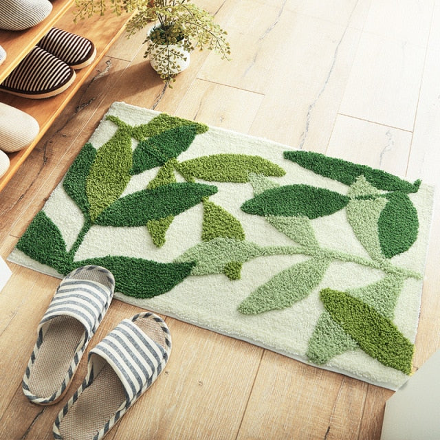 Plant Floral Green Leaves Flocking Bath Mat Non-slip Absorbent Microfiber Bathroom Rug Home Entrance Door Mat Super Soft Bath Carpet