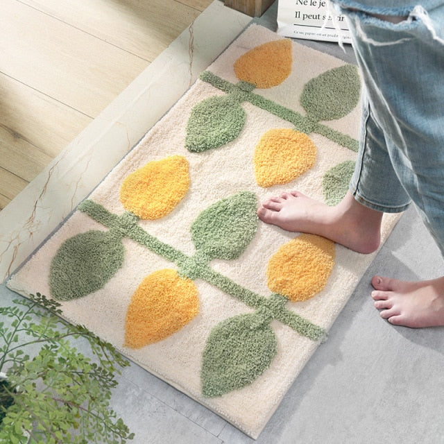 Plant Floral Green Leaves Flocking Bath Mat Non-slip Absorbent Microfiber Bathroom Rug Home Entrance Door Mat Super Soft Bath Carpet