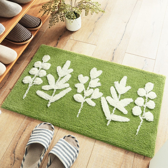 Plant Floral Green Leaves Flocking Bath Mat Non-slip Absorbent Microfiber Bathroom Rug Home Entrance Door Mat Super Soft Bath Carpet