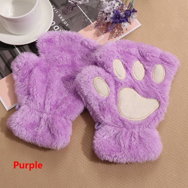 1Pair Women Girls Lovely Winter Warm Fingerless Gloves Fluffy Bear Cat Plush Paw Claw Half Finger Gloves Mitten New