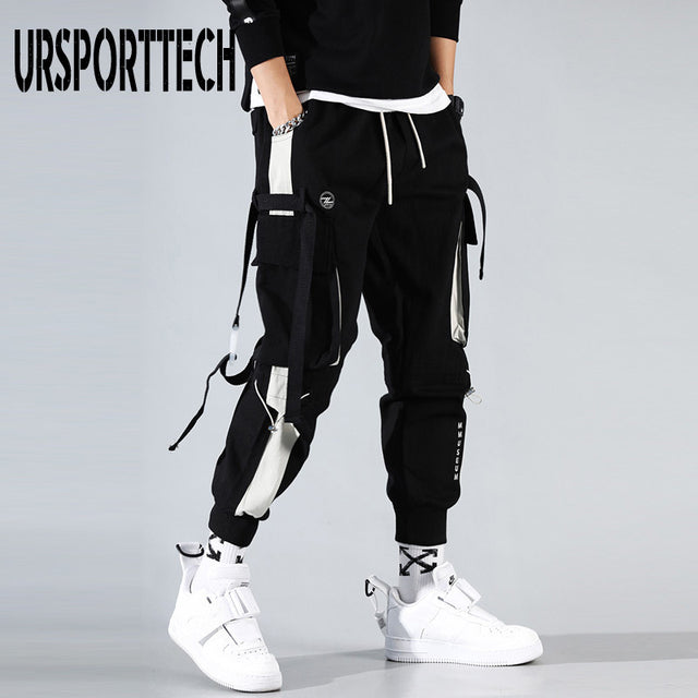 Hip Hop Joggers Men Letter Ribbons Cargo Pants Pockets Track Tactical Casual Techwear Male Trousers Sweatpants Sport Streetwear